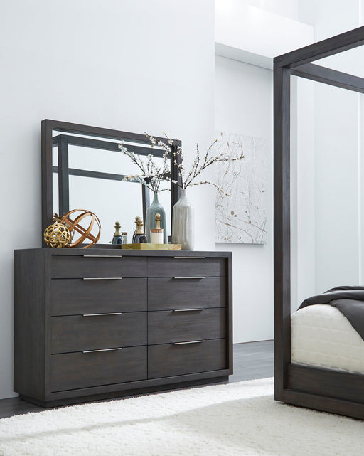 Oxford Mirror in Basalt Grey by Modus, standalone decorative mirror with sleek basalt grey frame, reflecting a modern design.