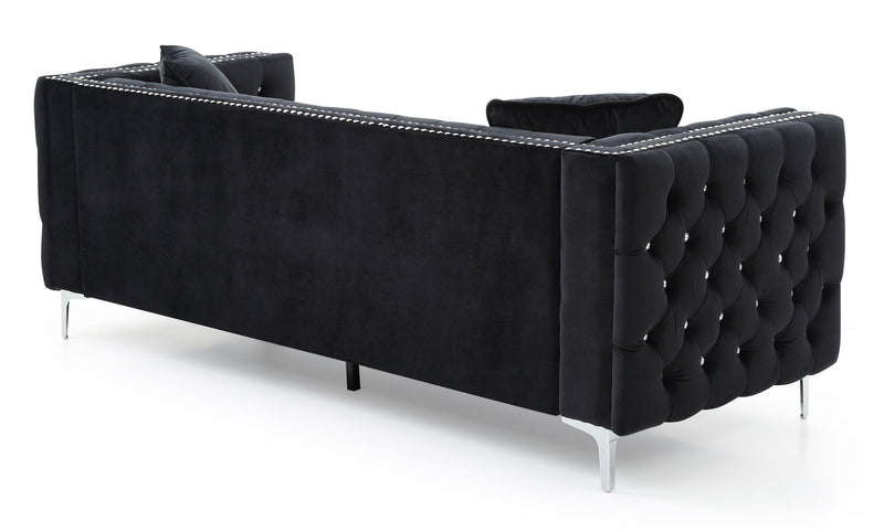 Glory Furniture Paige stationary sofa with plush cushions and fabric upholstery, showcased in a modern living room setting.