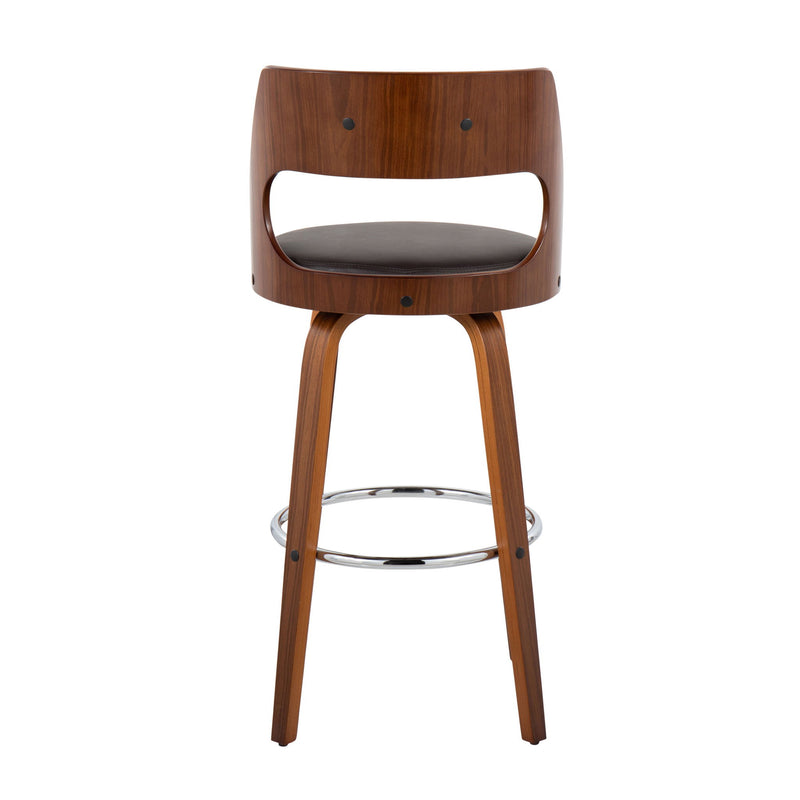 Lumi Source Cecina mid-century modern barstool set with swivel seats, black wooden legs, and upholstered seats, set of two.