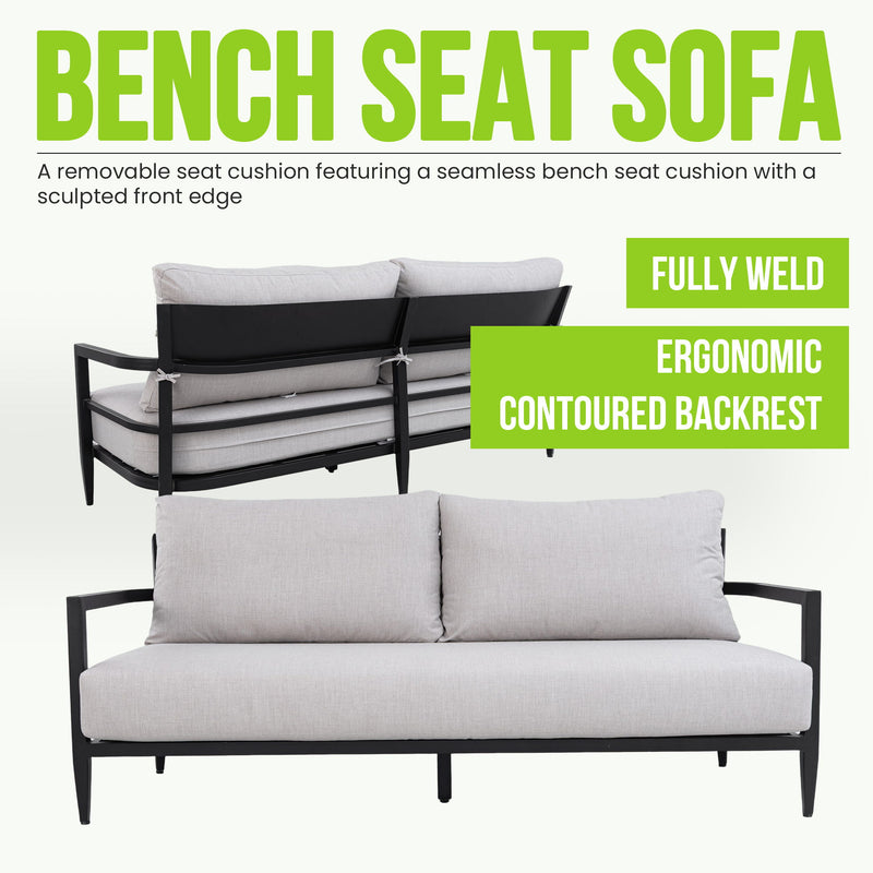 Life Outside 4-piece outdoor conversation set with chairs, bench sofa, tables, and Sunbrella cushions in a stylish outdoor patio scene.