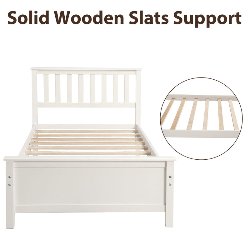 DreamHaus platform bed with headboard, footboard, and wood slat support, showcasing a sturdy wooden frame and modern design.