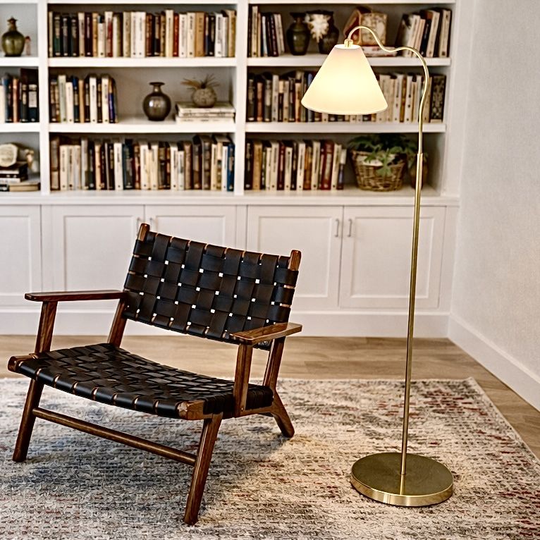 Majestic - Ring Base Curved Floor Lamp With Triangle Drum Shade - Gold / White - R&R Furniture Gallery (Fountain Valley, CA)