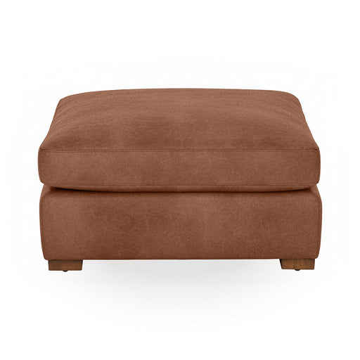 Classic Home Audrey upholstered ottoman with a plush fabric top and wooden legs, ideal for living room or bedroom decor.