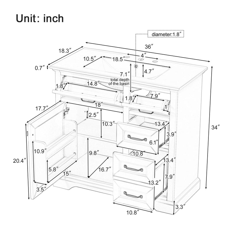 36" Bathroom Vanity With Sink, 2 Tip-Out Drawers, Soft Close Hinges - R&R Furniture Gallery (Fountain Valley, CA)