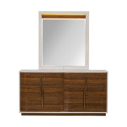 Michael Amini Pavira dresser with matching mirror, featuring sleek wood finish and modern design for bedroom storage and decor.