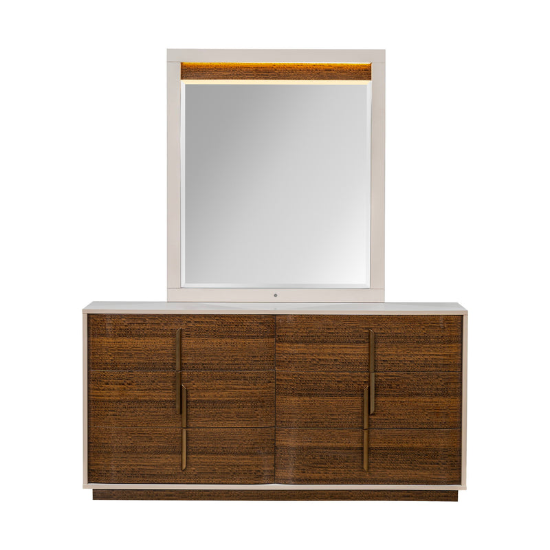 Michael Amini Pavira dresser with matching mirror, featuring sleek wood finish and modern design for bedroom storage and decor.