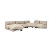 Livia Teak 3-piece outdoor sectional by Classic Home with taupe cushions, featuring sturdy teak wood frames and plush seating.