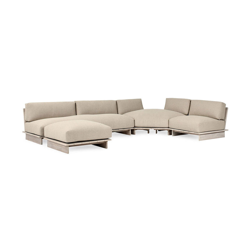Livia Teak 3-piece outdoor sectional by Classic Home with taupe cushions, featuring sturdy teak wood frames and plush seating.