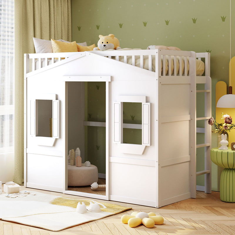 DreamHaus house loft bed with ladder, featuring a cozy sleeping area and sturdy wooden construction in a modern bedroom setting.