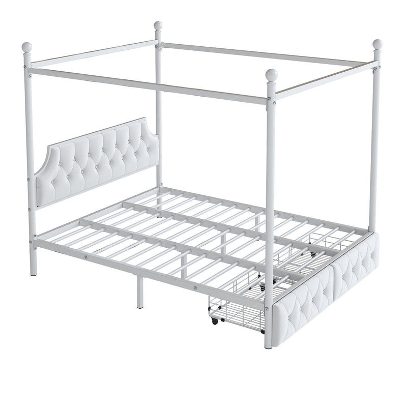 Queen Size Canopy Platform Bed With Upholstered Headboard And 2 Storage Drawers - White - R&R Furniture Gallery (Fountain Valley, CA)