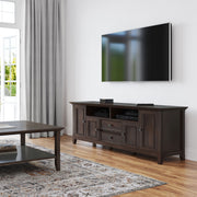 Simpli-Home Amherst wide TV media stand with open shelves and storage cabinets, ideal for modern living room entertainment setups.
