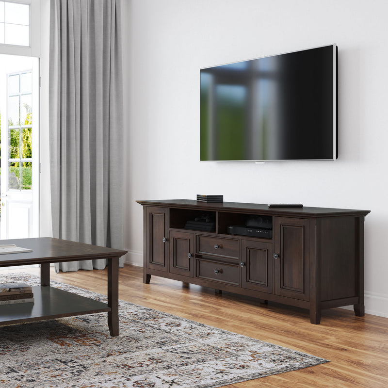 Simpli-Home Amherst wide TV media stand with open shelves and storage cabinets, ideal for modern living room entertainment setups.