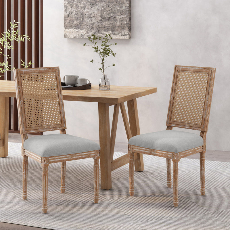 French Country Dining Chair With Rectangular Cane Backrest And Smooth Upholstered Seating - R&R Furniture Gallery (Fountain Valley, CA)