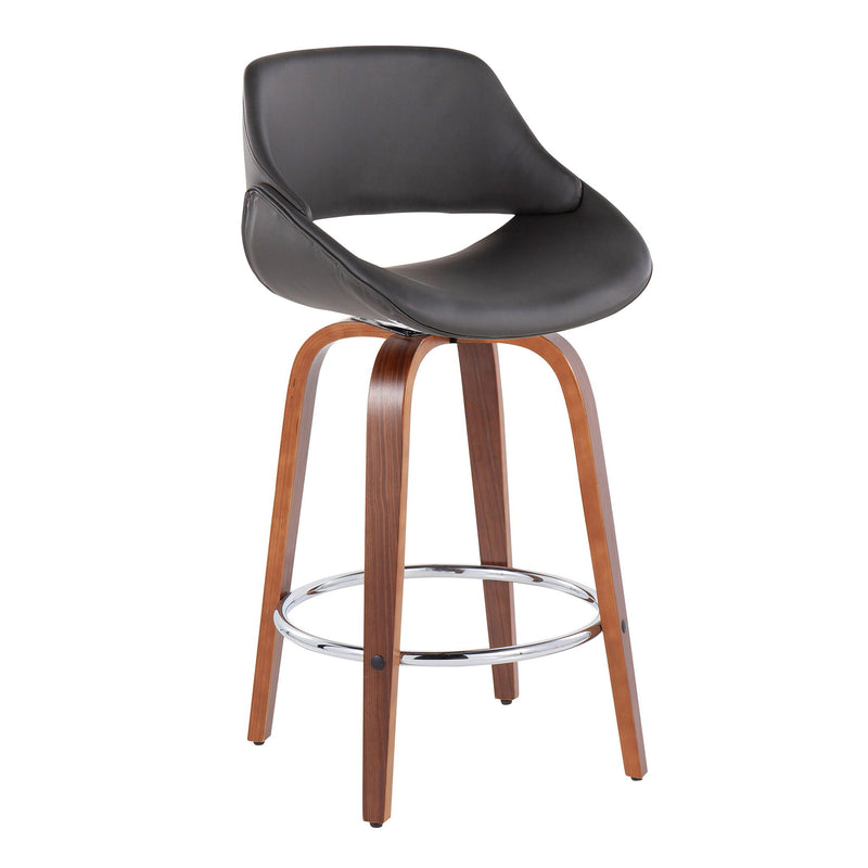 Lumi Source Fabrico mid-century modern counter stool set with round footrest, fixed height, stylish design, and sleek wooden finish.