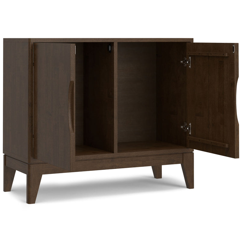Simpli-Home Harper walnut brown 2-door sideboard buffet with sleek design and spacious storage compartments.