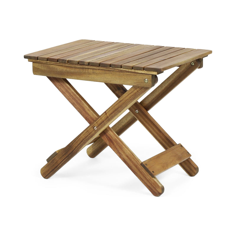 Outdoor folding wooden side table by Noble House, featuring a sturdy design and natural wood finish for patio or garden use.