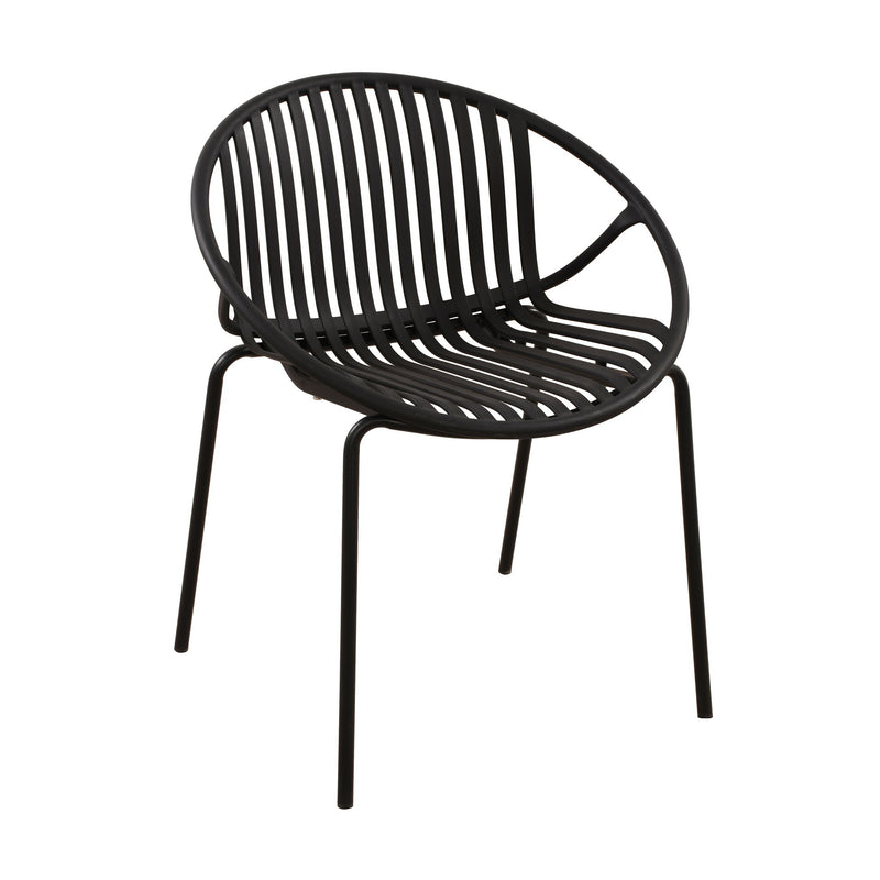 Set of two Noble House outdoor stackable chairs with breathable plastic backrests and metal frames, ideal for patio seating.