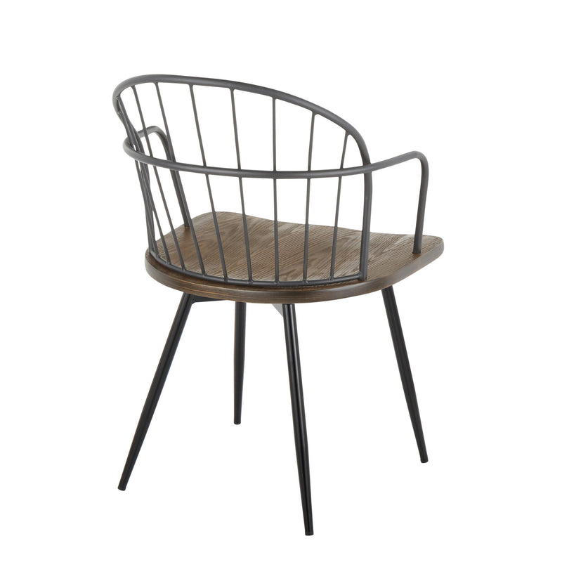 Set of two Lumi Source Riley farmhouse arm chairs with wooden legs and beige upholstered seats, perfect for rustic dining spaces.