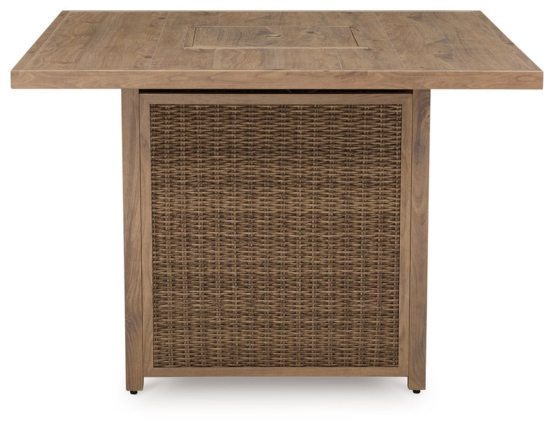 Walton Bridge - 5 Pc. - Square Bar Table W/Fire Pit, 4 Barstools - Driftwood - R&R Furniture Gallery (Fountain Valley, CA)