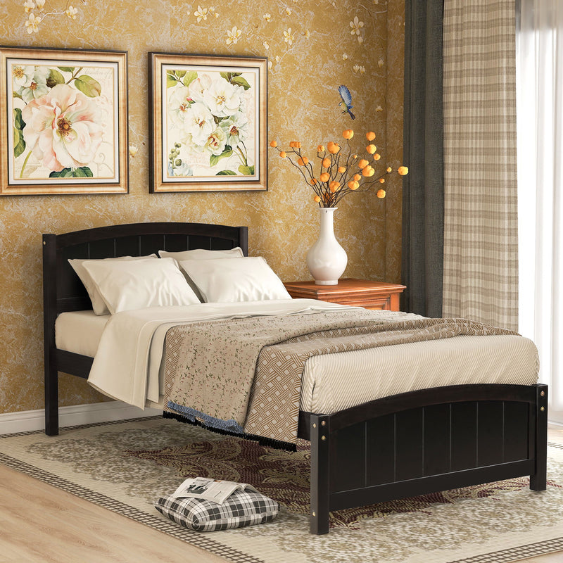 DreamHaus platform bed with headboard, footboard, and wooden slat support shown in a modern bedroom setting.