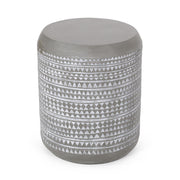 White cylindrical outdoor side table by Noble House, featuring a sleek design perfect for patios or gardens.
