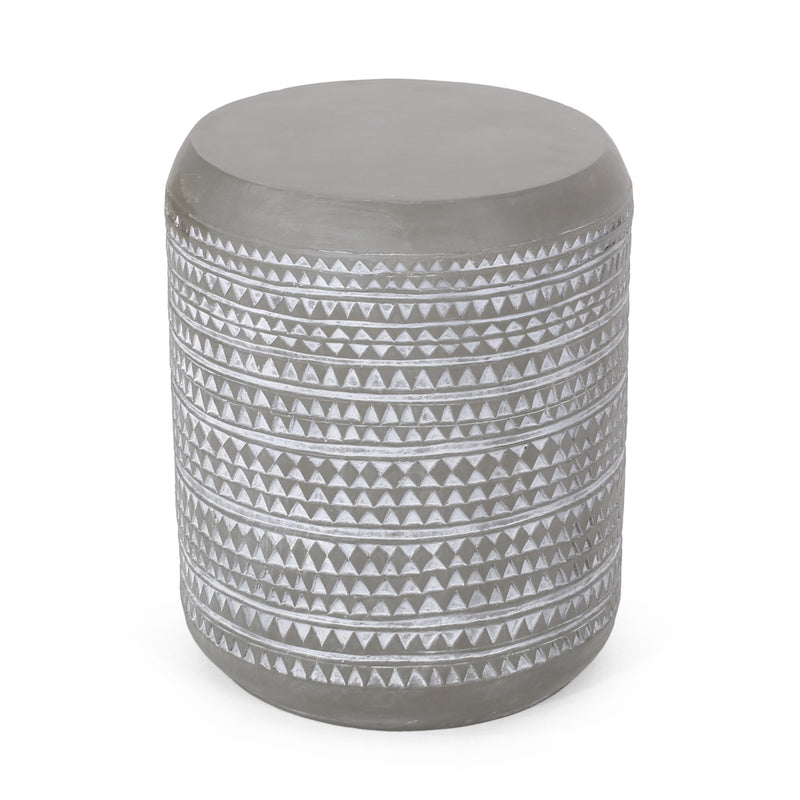 White cylindrical outdoor side table by Noble House, featuring a sleek design perfect for patios or gardens.