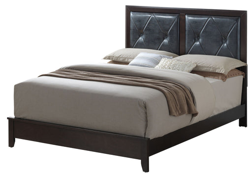 Upholstered padded headboard bed by Glory Furniture with soft fabric and cushioning, showcasing a stylish and comfortable bedroom centerpiece.