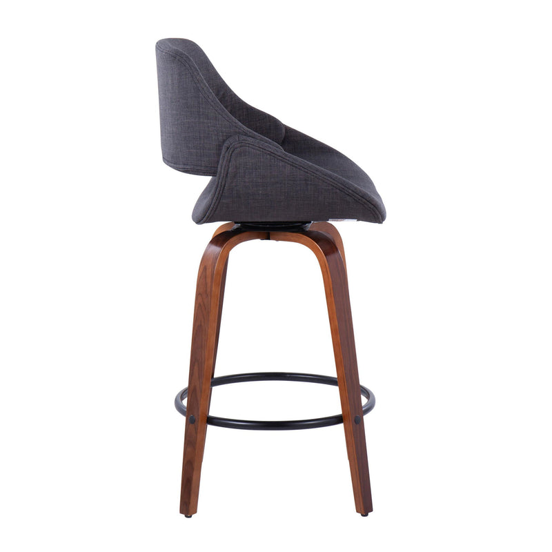 Lumi Source Fabrico mid-century modern fixed height counter stool set with round footrest, featuring sleek wooden legs and upholstered seats.
