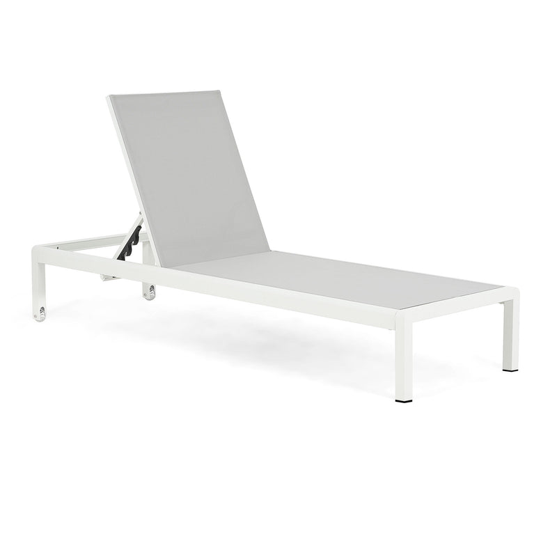 Noble House outdoor patio chaise lounge with five reclining positions, featuring a sturdy frame and comfortable cushioned surface.