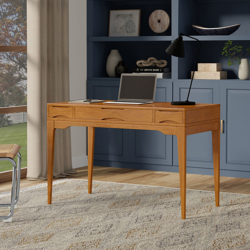 Simpli-Home Harper handcrafted writing desk with wooden finish, featuring clean lines and spacious work surface.