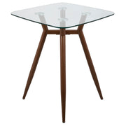 Lumi Source Clara mid-century modern square counter table with wooden top and sleek legs, ideal for contemporary dining or workspace.