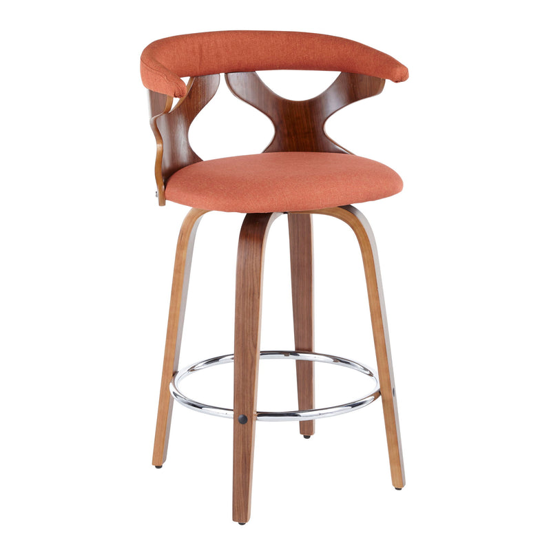 Set of two Lumi Source Gardenia mid-century modern counter stools with swivel, fixed height, wooden seats, and metal legs.
