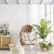 Light brown wicker hanging chair with beige cushions and 8-foot chain, suitable for outdoor or indoor use by Noble House.