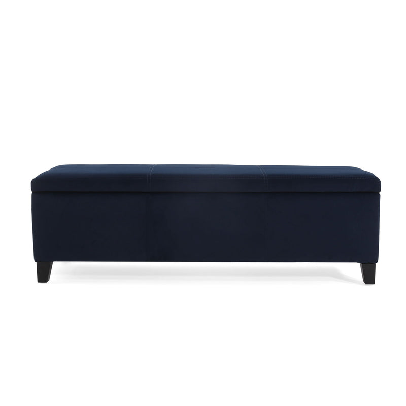 Noble House upholstered storage ottoman bench with cushioned top and wooden legs, versatile piece for living room or bedroom.