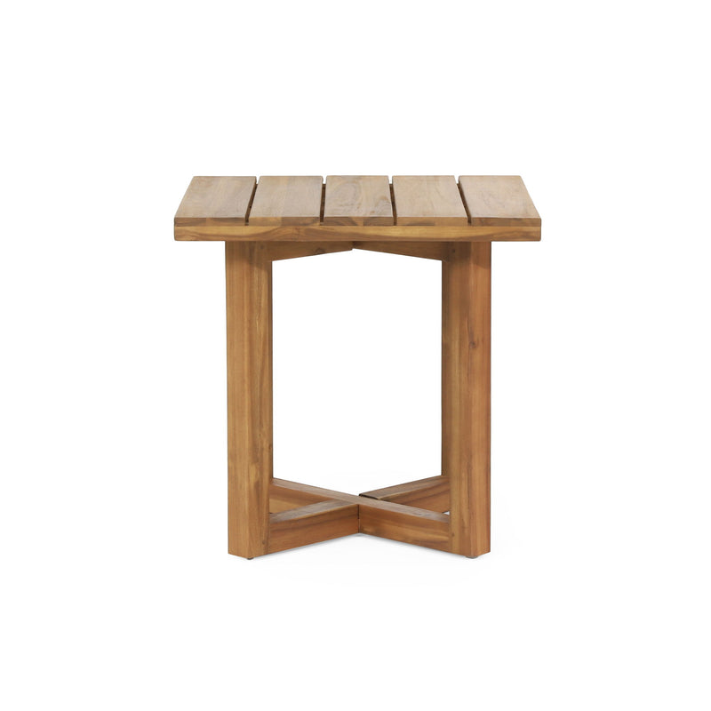 Noble House Ella square side table with cross stretcher base, modern design, wooden top and metal legs for living room decor.