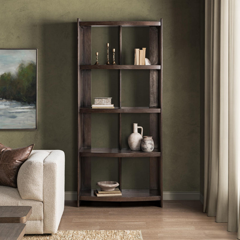 Kyra Cocoa Brown Standard Bookcase by Classic Home with multiple shelves for storage and display.