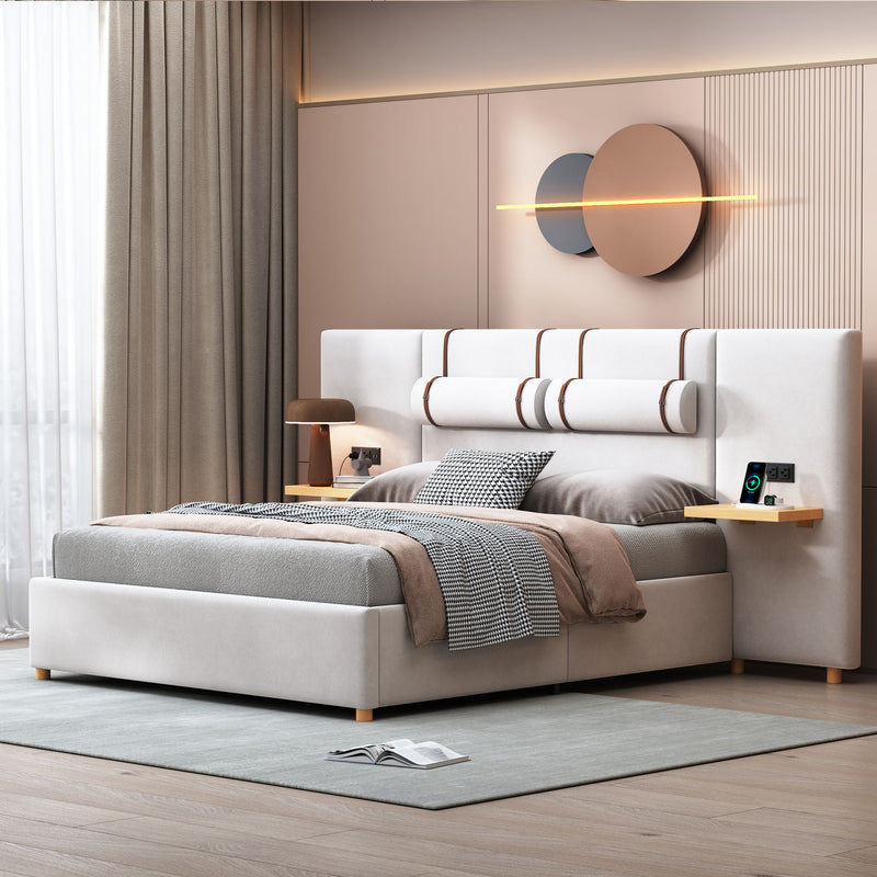 Upholstered Platform Bed, 2 Outlets And USB Charging Ports On Both Sides, 2 Bedside Pillows, Storage Shelves - R&R Furniture Gallery (Fountain Valley, CA)