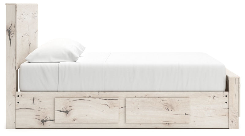 Signature Design by Ashley Lawroy panel storage bed with built-in drawers and modern wood finish, showcasing its sleek design and storage features.