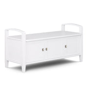 Warm Shaker handcrafted entryway storage bench by Simpli-Home with a wooden finish and cushioned seat, ideal for shoe storage and seating.