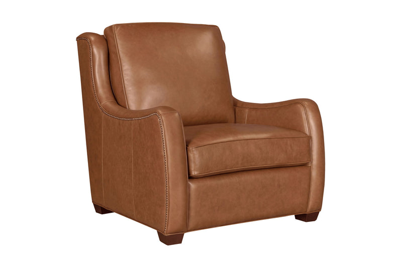 Parker Living Channing stationary arm chair in Renaissance Cinnamon fabric, featuring a plush, cushioned design with wooden legs.