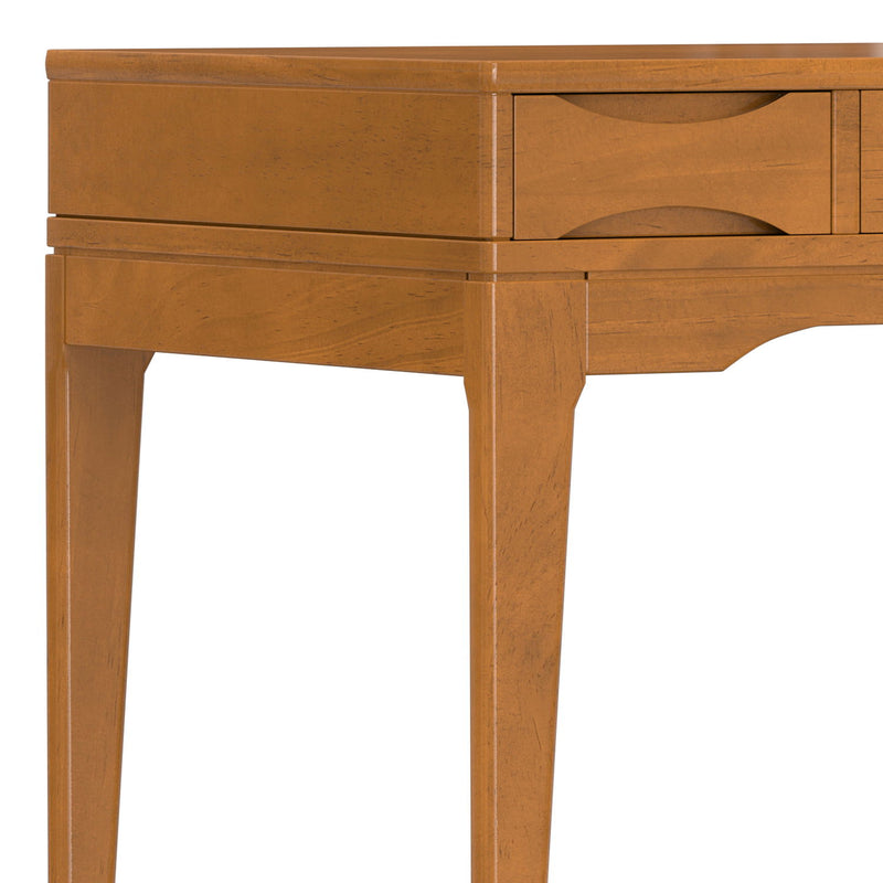 Handcrafted Simpli-Home Harper writing desk with a smooth wooden surface and sturdy legs, ideal for home office or study space.