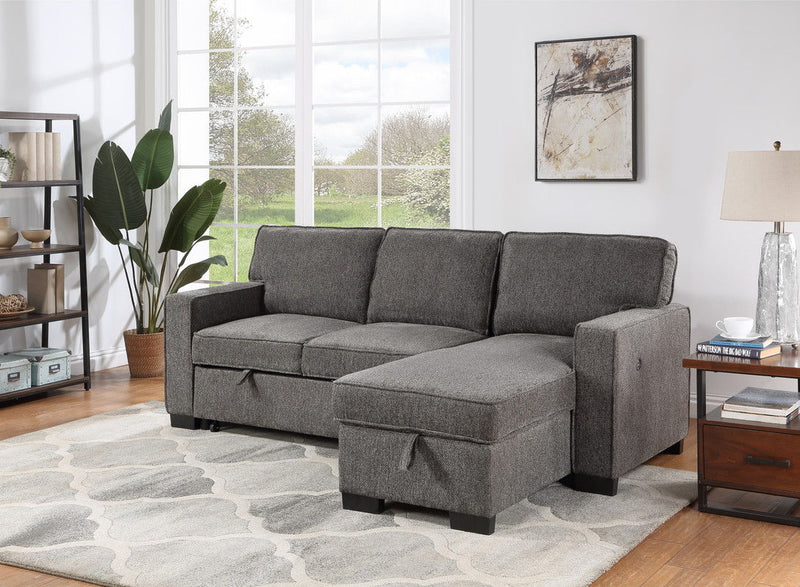 Estelle - Fabric Reversible Sleeper Sectional With Storage Chaise Drop-Down Table 2 Cup Holders And 2 USB Ports - R&R Furniture Gallery (Fountain Valley, CA)