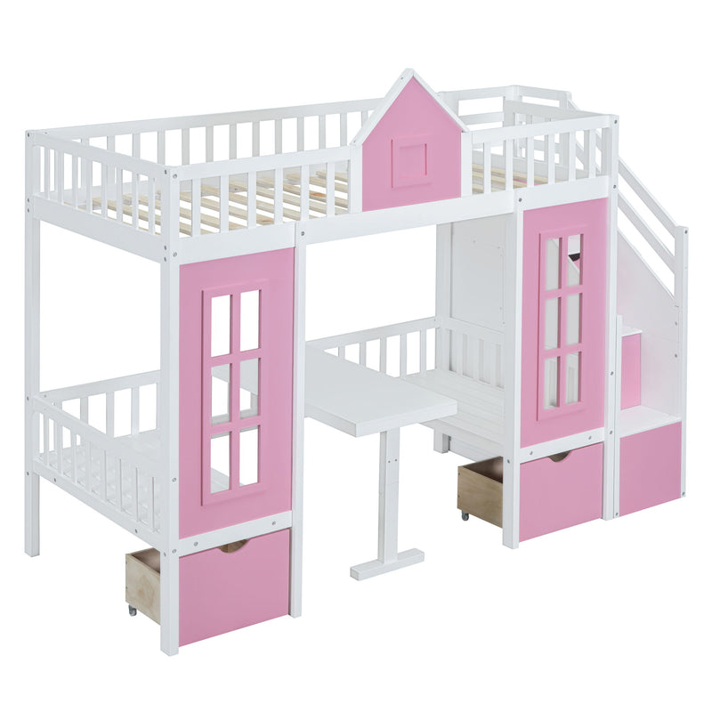 DreamHaus twin over twin bunk bed with changeable table, upper bed and down desk, shown assembled with safety railing and wooden finish.