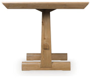 Rectangular light brown Benchcraft® Ridgester dining room counter table showing smooth wooden surface and sturdy legs.