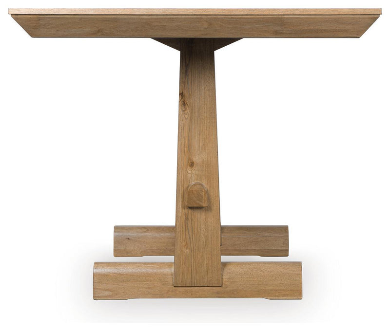 Rectangular light brown Benchcraft® Ridgester dining room counter table showing smooth wooden surface and sturdy legs.