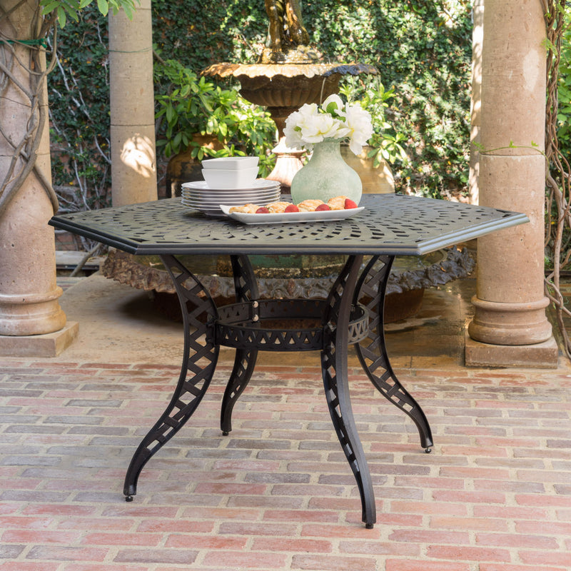 Outdoor Cast Aluminum Dining Table With Lattice Top And Umbrella Hole - Black - R&R Furniture Gallery (Fountain Valley, CA)