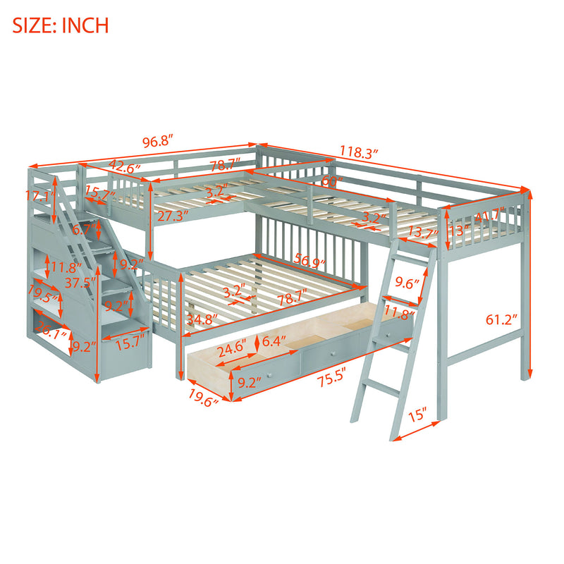Solid L Shaped Bunk Bed With 3 Drawers, Ladder And Staircase - R&R Furniture Gallery (Fountain Valley, CA)