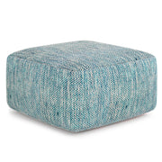 Simpli-Home Nate handcrafted square accent pouf with textured fabric and wooden legs, ideal for living room or seating area.