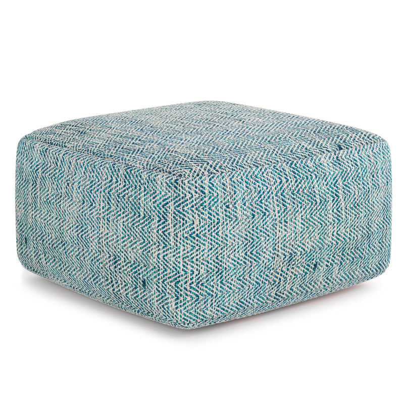 Simpli-Home Nate handcrafted square accent pouf with textured fabric and wooden legs, ideal for living room or seating area.
