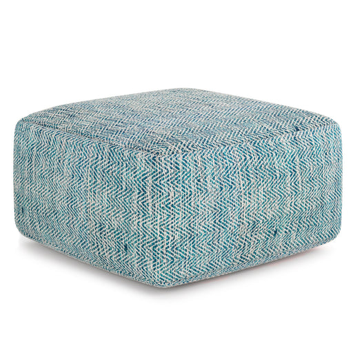 Simpli-Home Nate handcrafted square accent pouf with textured fabric and wooden legs, ideal for living room or seating area.